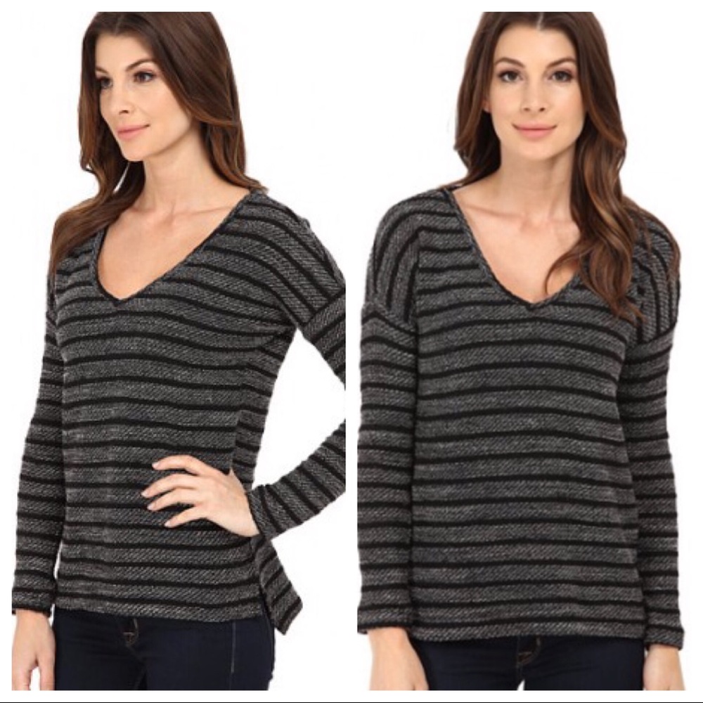 Paige V-Neck Black Grey Striped Pullover Sweater